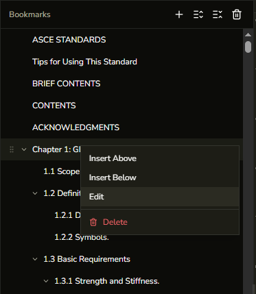 Bookmark context menu showing Insert Above, Insert Below, Edit, and Delete options