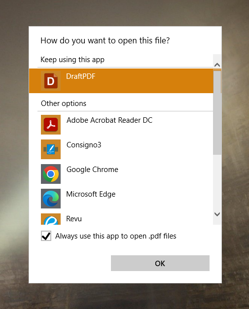 Setting DraftPDF as the default app for opening PDF files