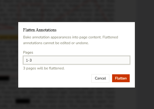 DraftPDF Flatten Annotations dialog showing page range input