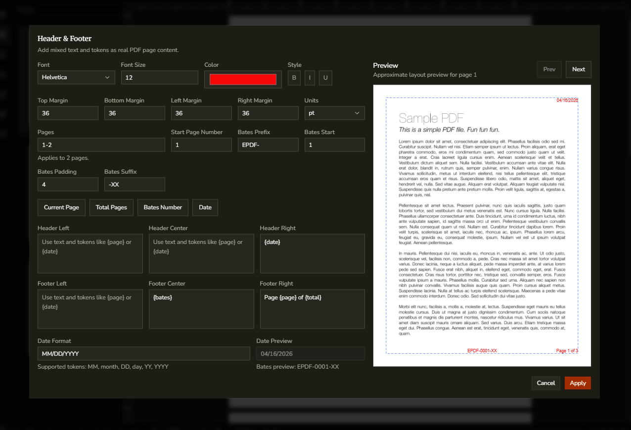 DraftPDF Header & Footer dialog