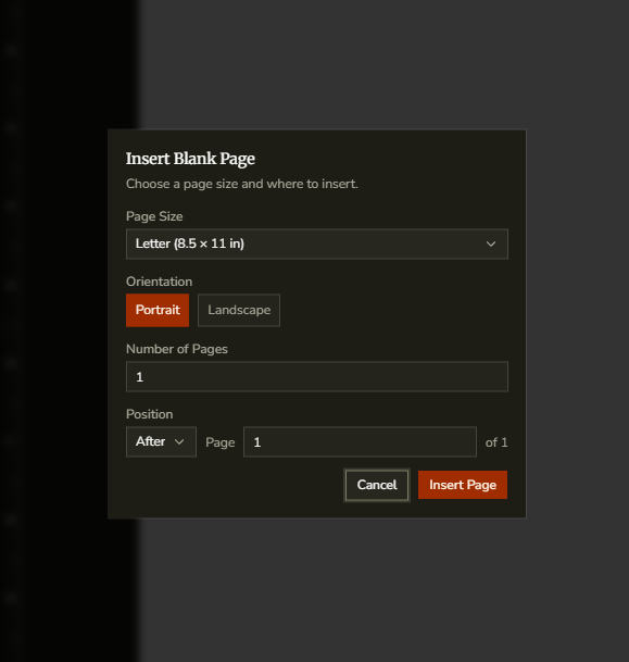 DraftPDF Insert Blank Page dialog