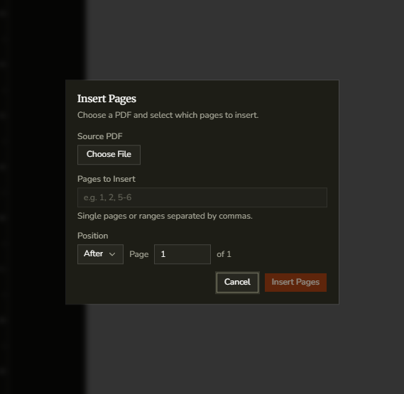 DraftPDF Insert Pages dialog
