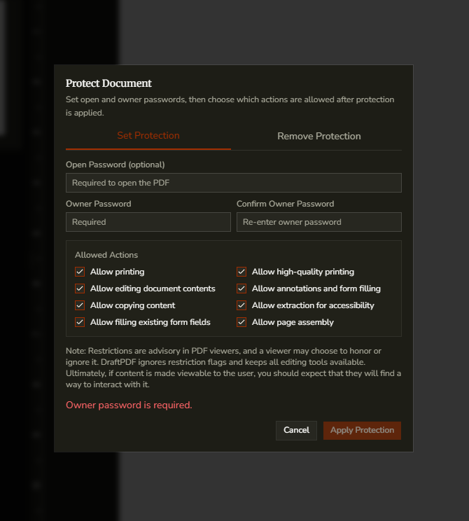 DraftPDF Protect Document dialog